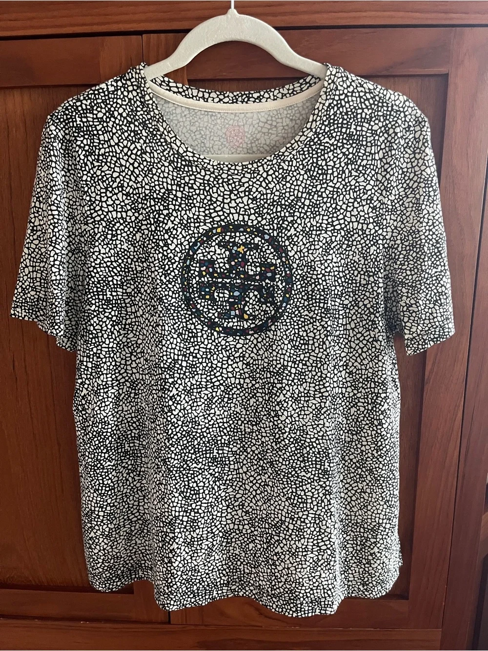 Tory Burch Logo Brown and Cream Pebble-Print Short Sleeve Tee